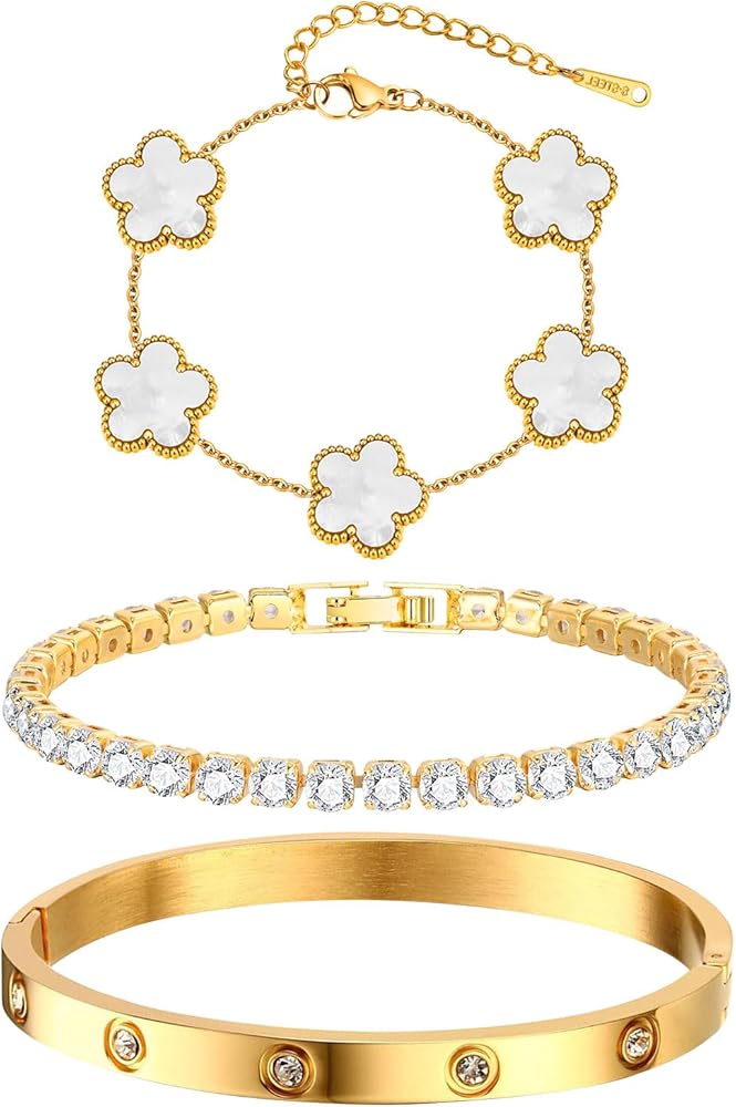 Gold Bracelet Stack Set – Clover, Tennis & Bangle