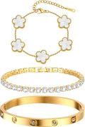 Gold Bracelet Stack Set – Clover, Tennis & Bangle