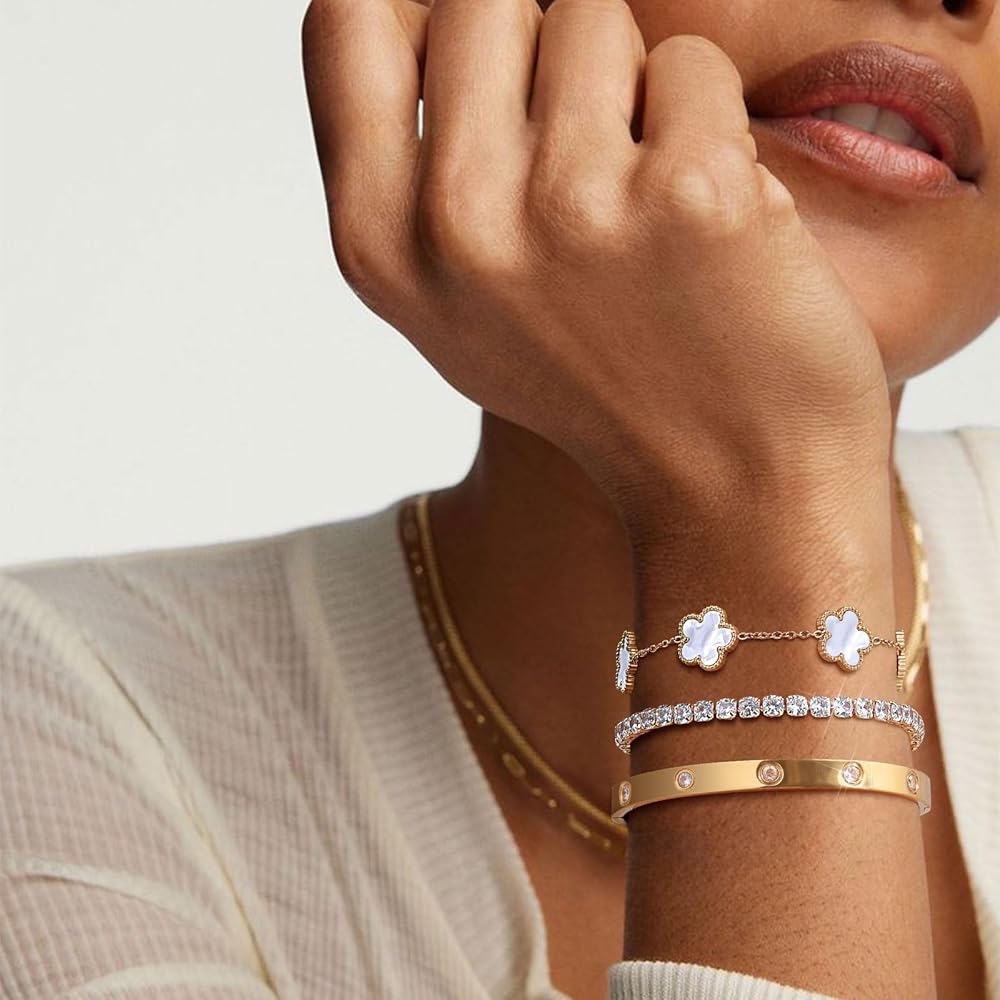Gold Bracelet Stack Set – Clover, Tennis & Bangle