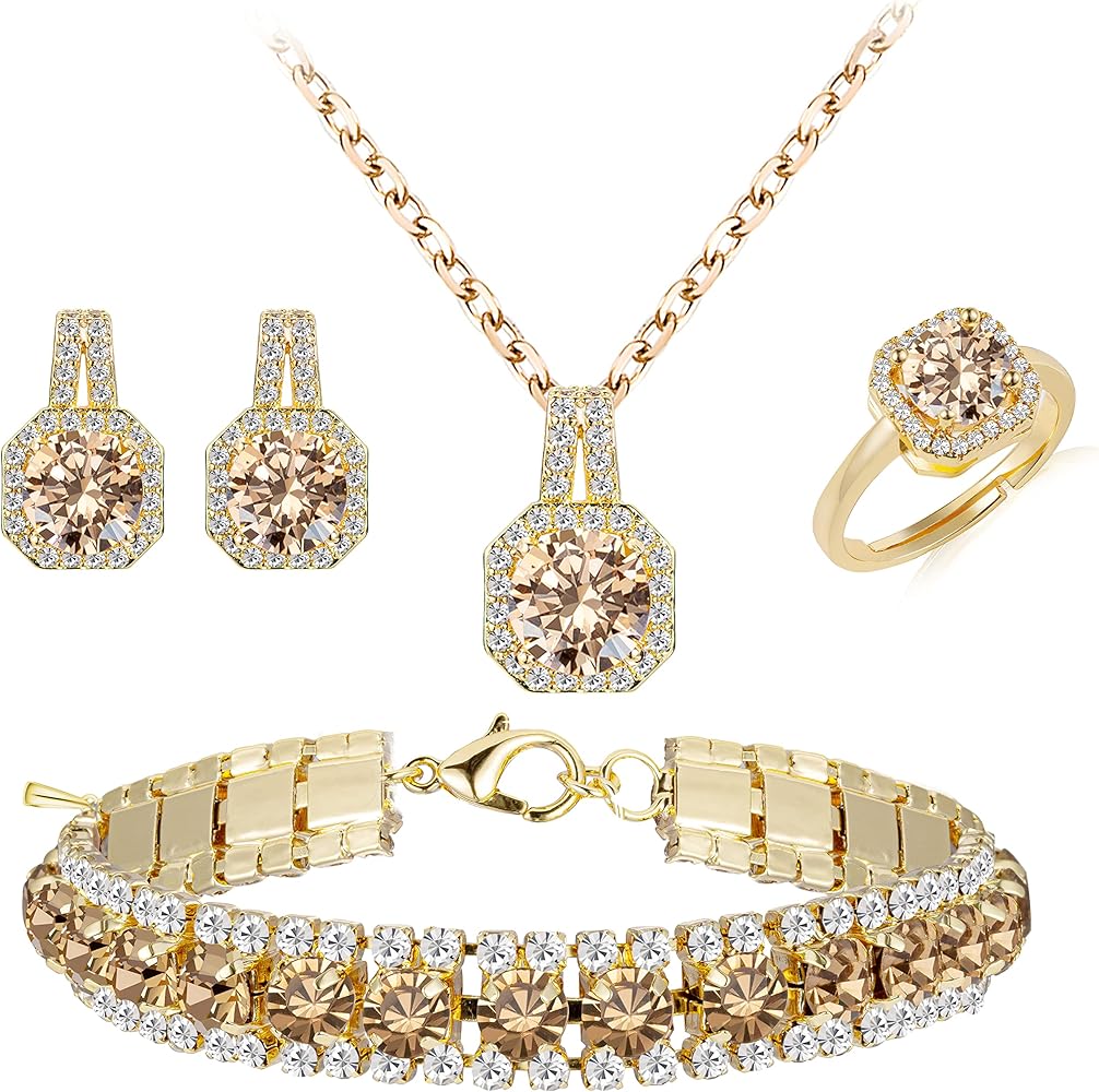 Gold Champagne Crystal Jewelry Set – Necklace, Earrings, Ring & Bracelet
