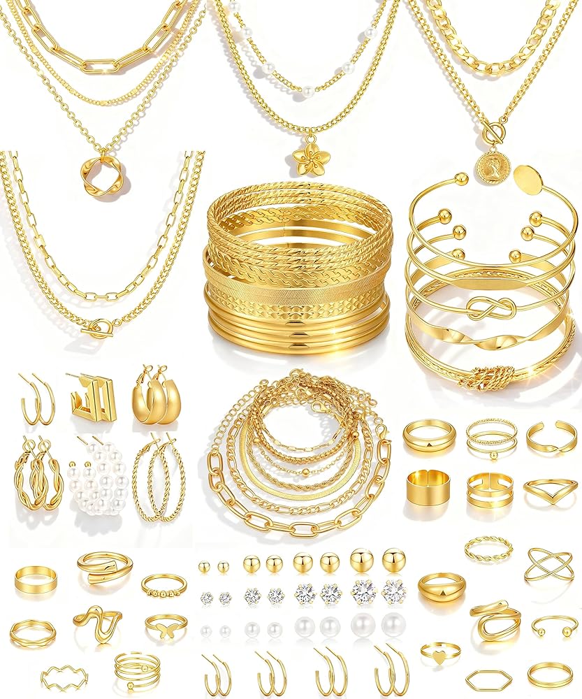 Gold Jewelry Bundle Set – Necklaces, Bracelets, Earrings & Rings