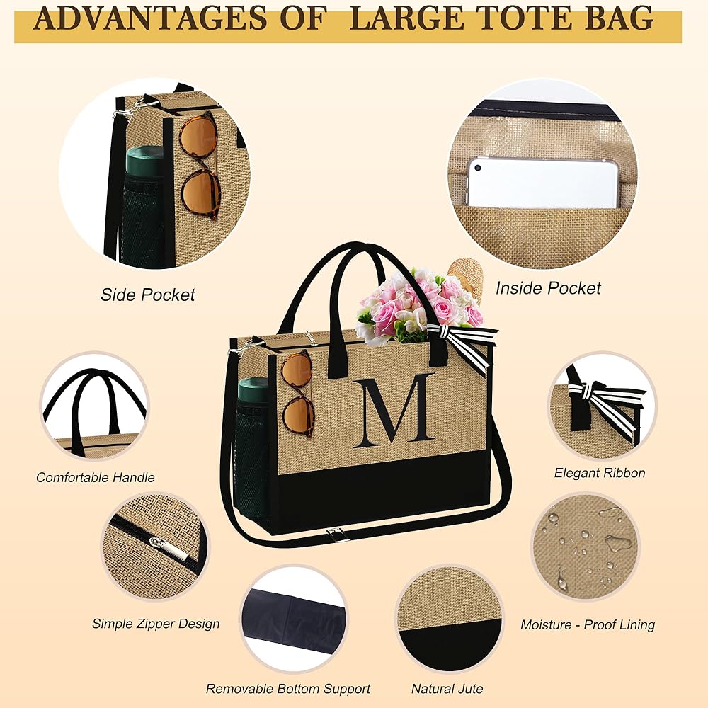 Monogram Jute Tote Bag Set – Large Beach Bag with Pouches
