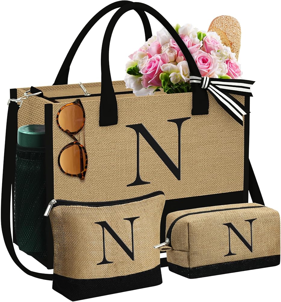 Monogram Jute Tote Bag Set – Large Beach Bag with Pouches